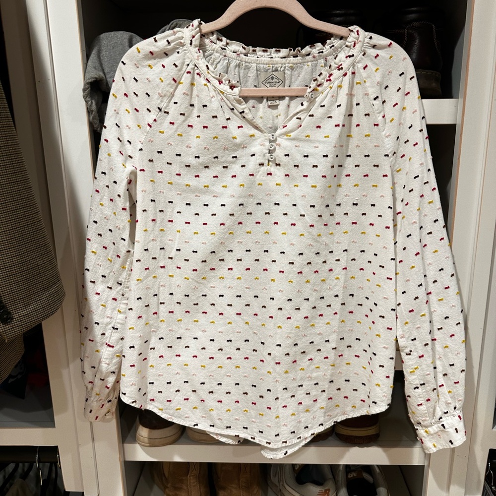 St. John's Bay Cream Blouse with Red, Yellow & Brown Dot Embroidery